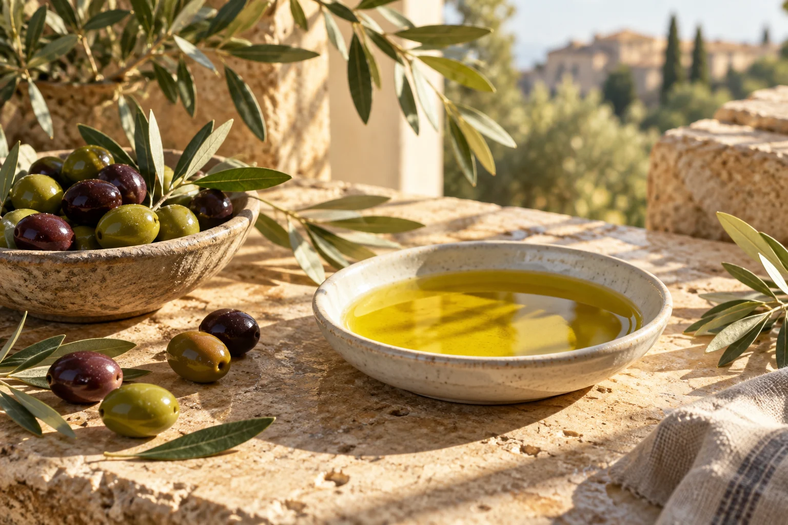 Huile d’olive, olives et branches sur une table en pierre