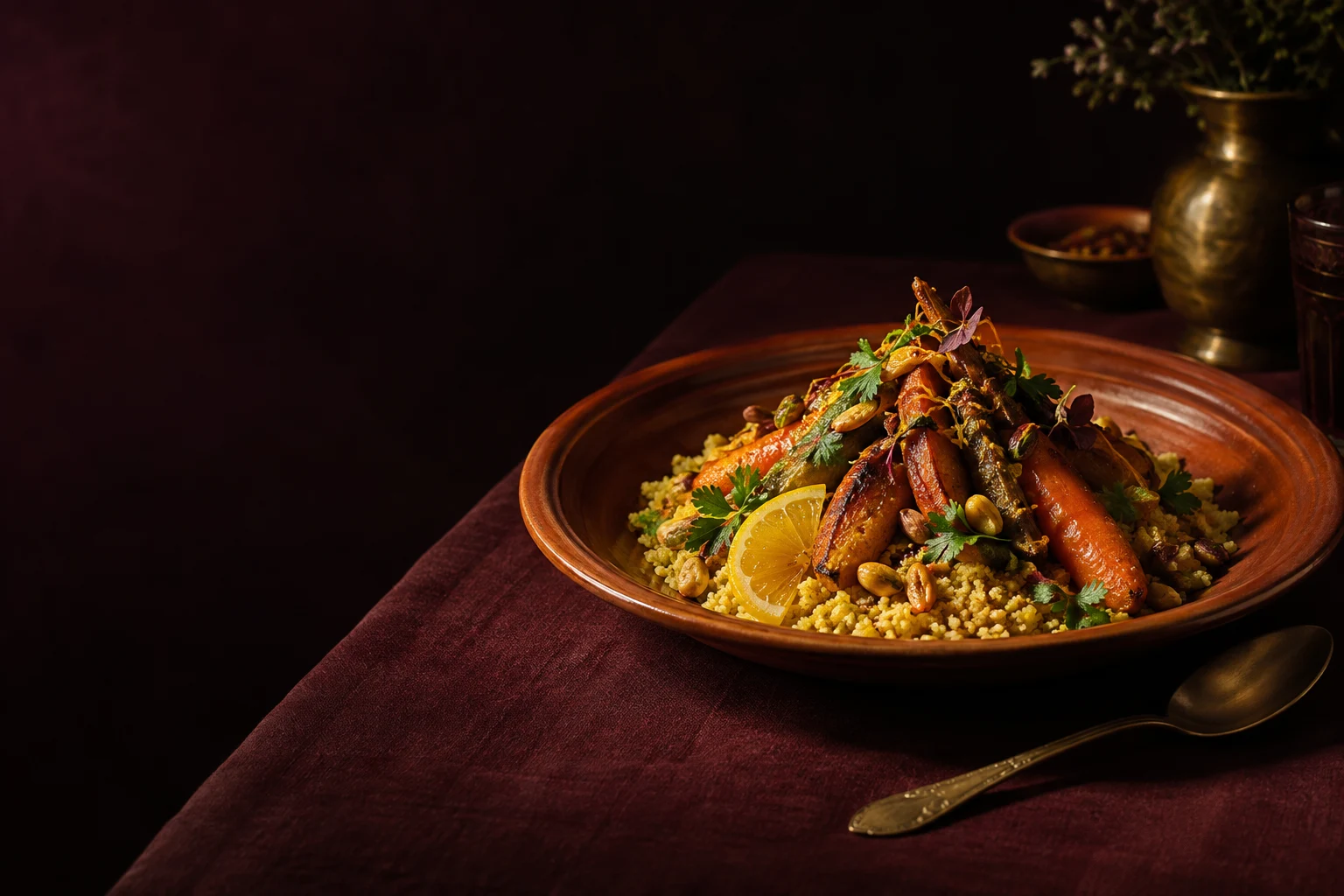 Couscous, légumes rôtis et citron sur une table bordeaux