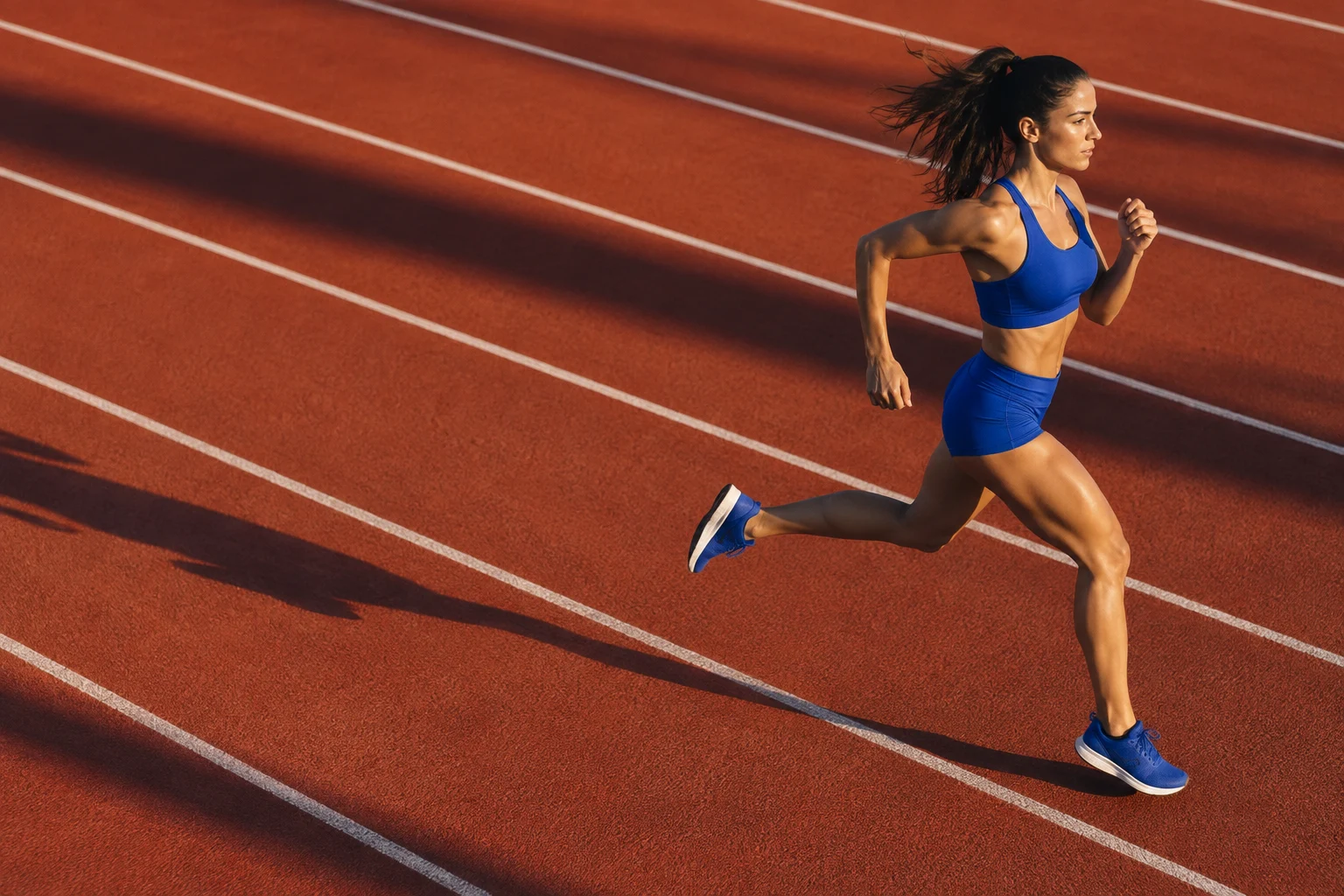 Coureuse en tenue bleue sur une piste en terre rouge