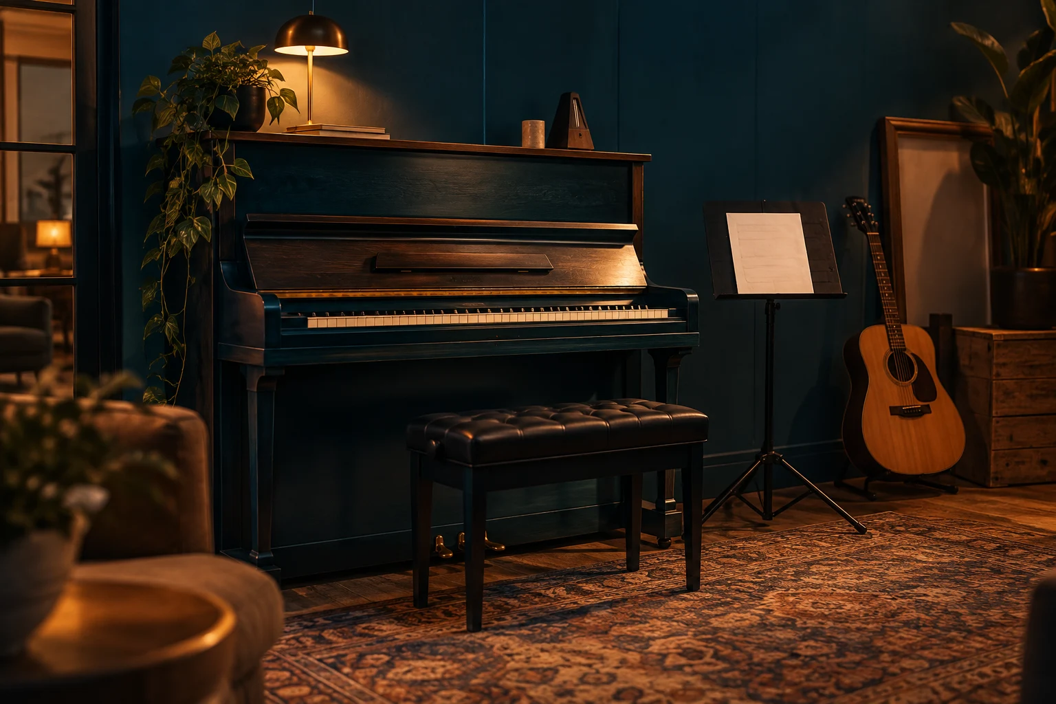Piano et guitare dans un studio aux lumières chaudes