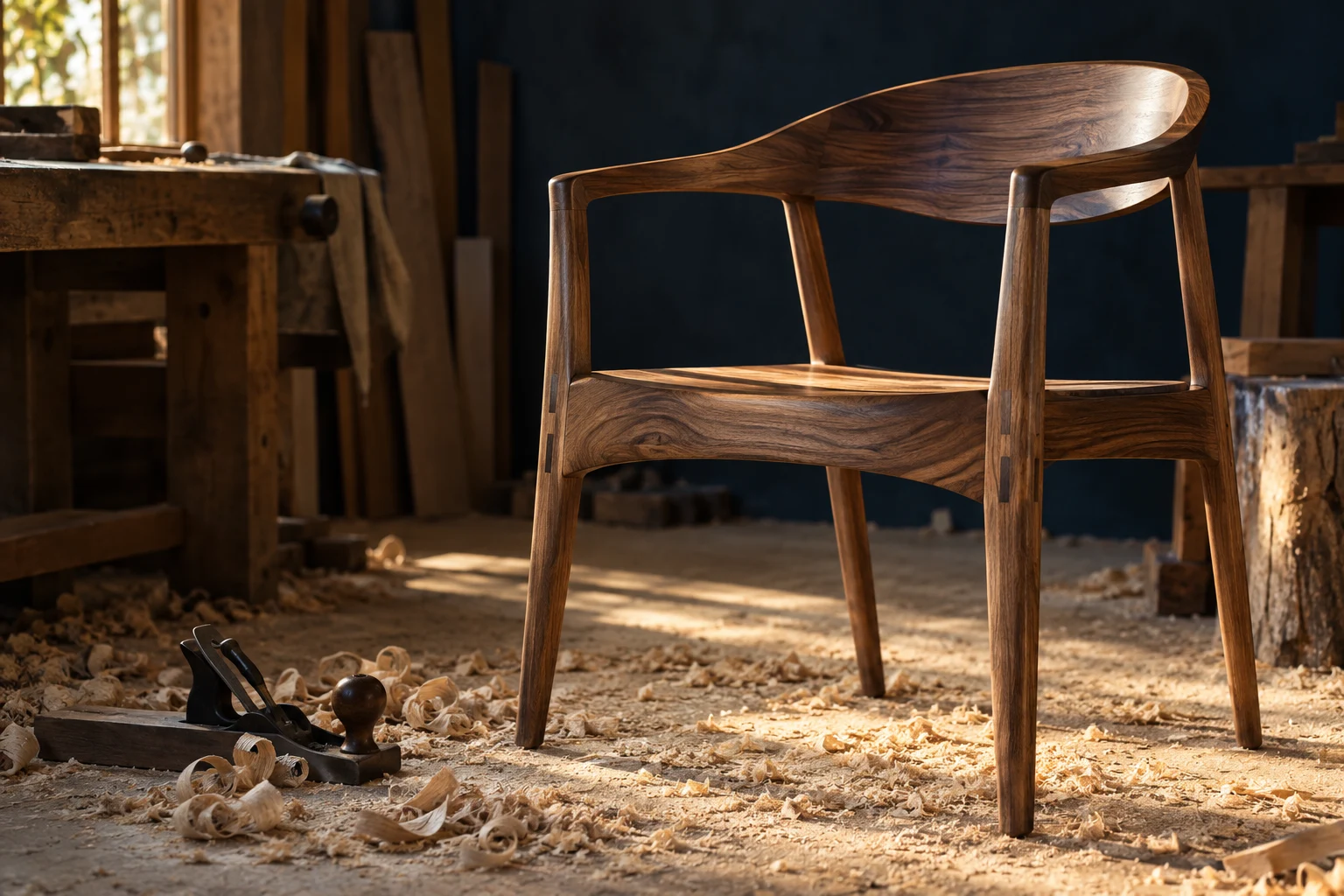 Chaise en noyer dans la lumière d’un atelier