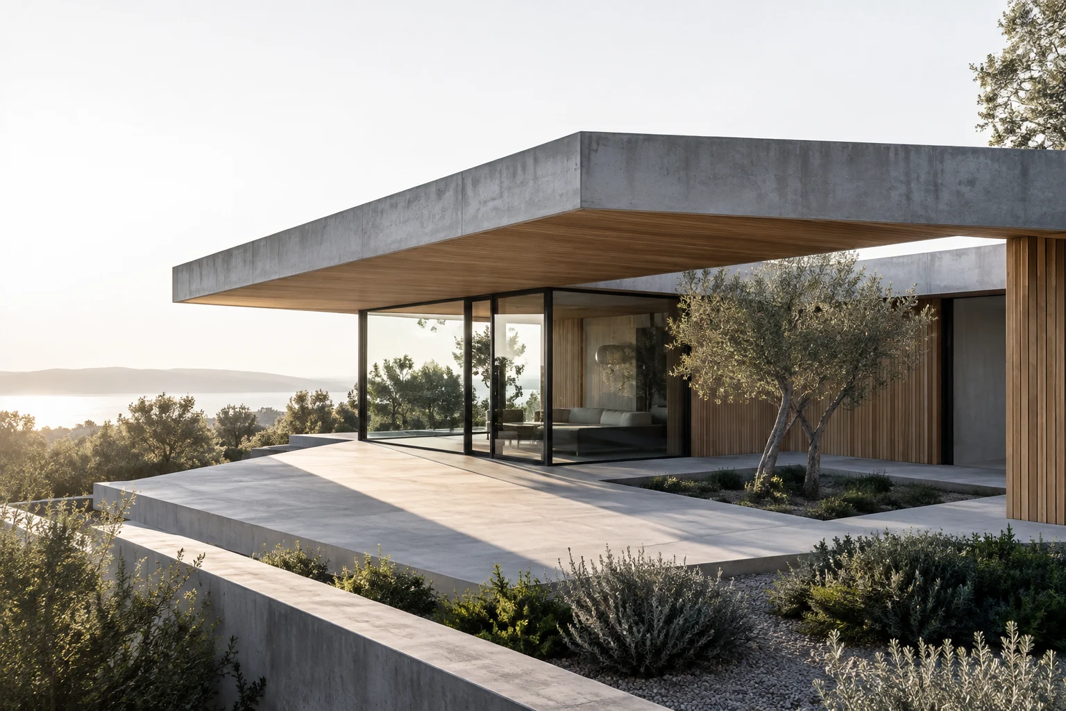 Maison contemporaine en béton et bois ouverte sur un patio