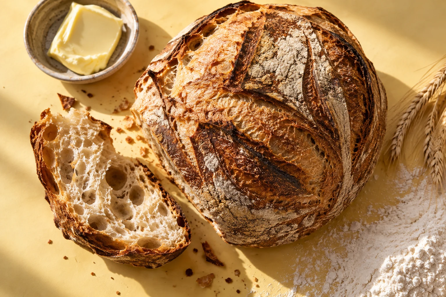 Pain rond au levain, tranche et beurre sur un fond jaune