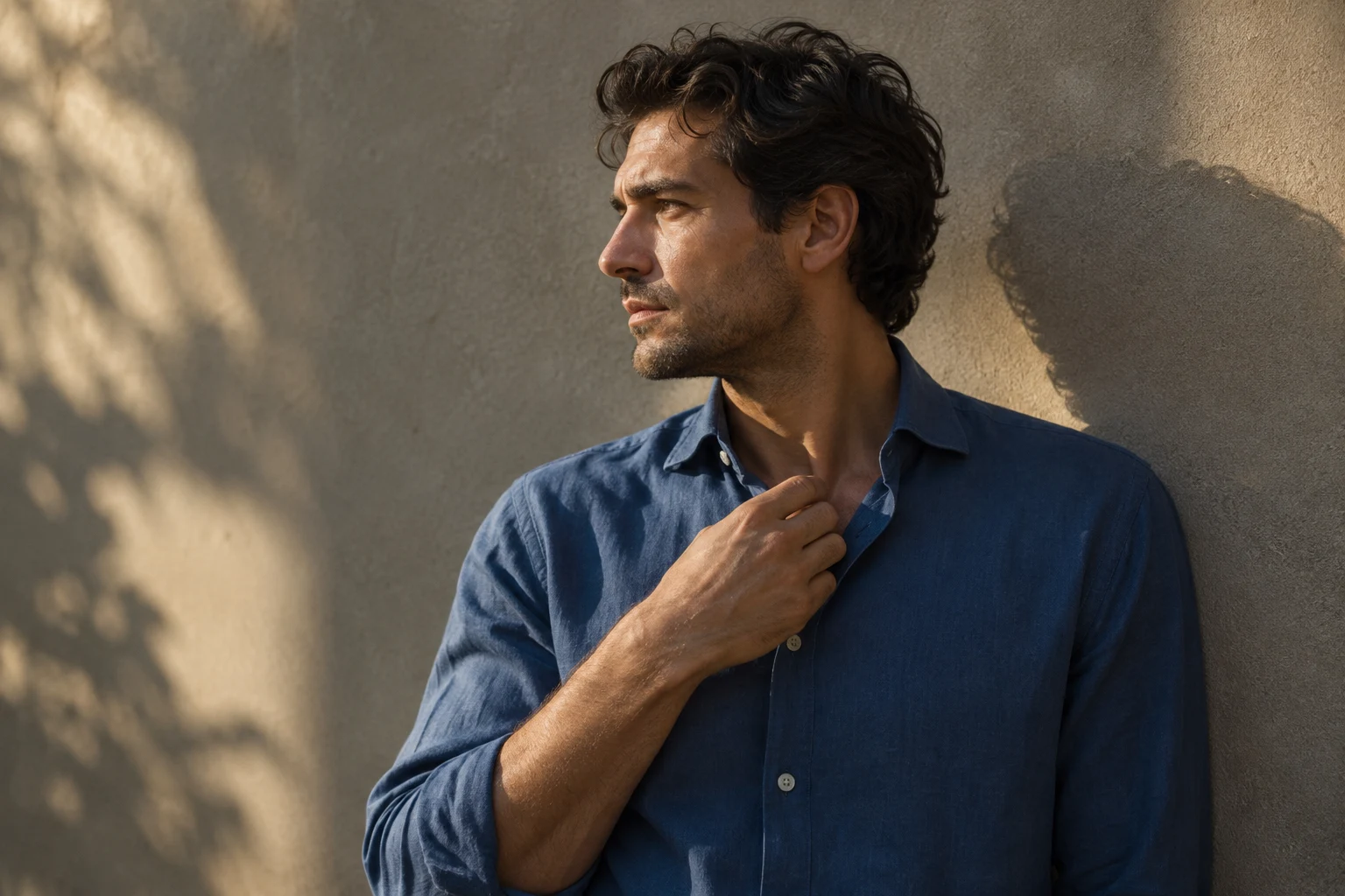 Portrait d’un homme en chemise bleue dans la lumière du soleil