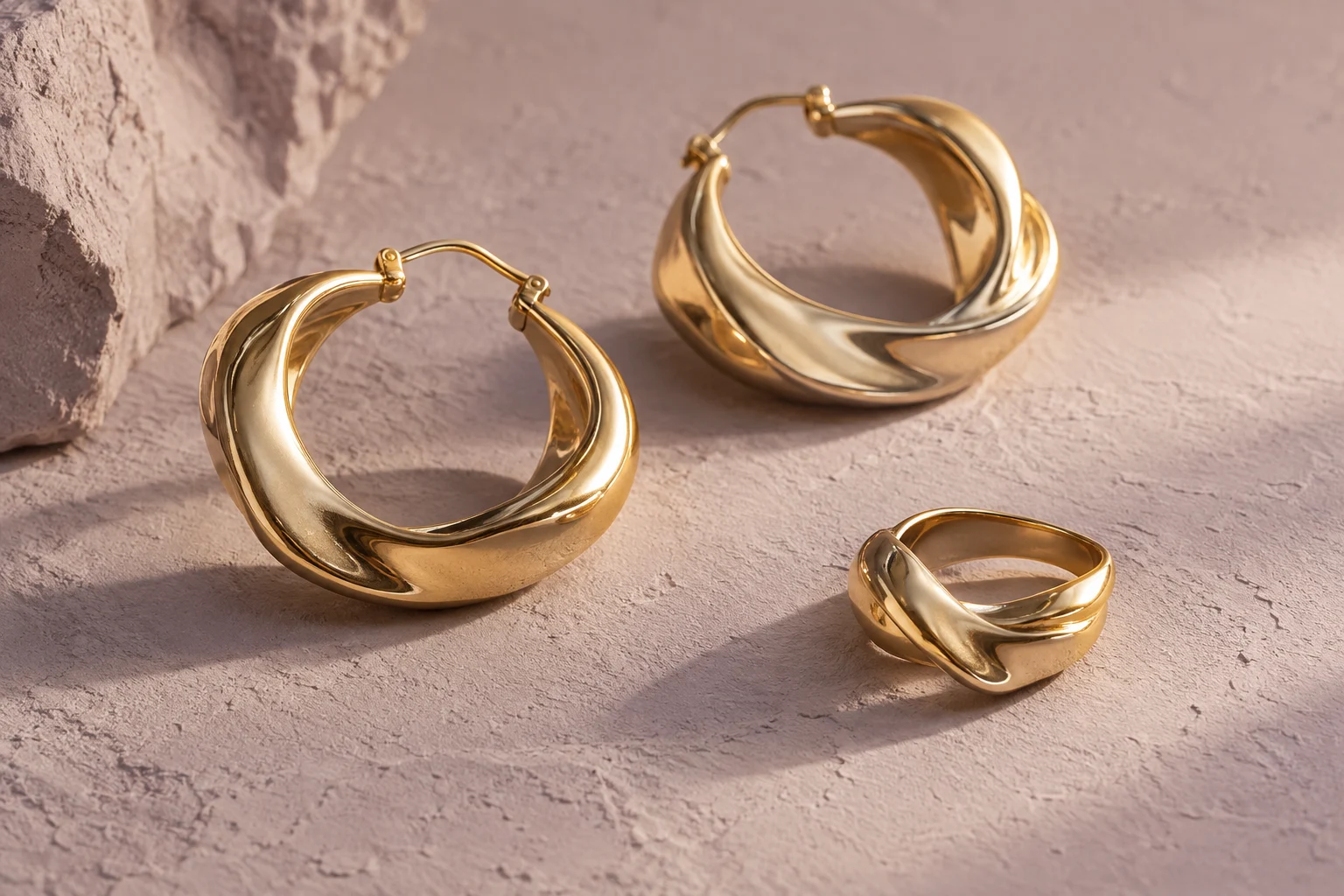 Boucles d’oreilles et bague dorées sur une pierre rose