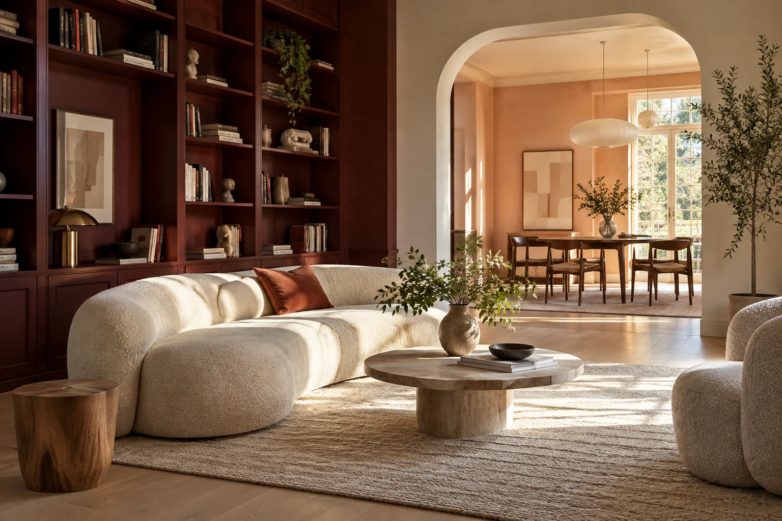 Intérieur avec bibliothèque bordeaux et pièces en enfilade