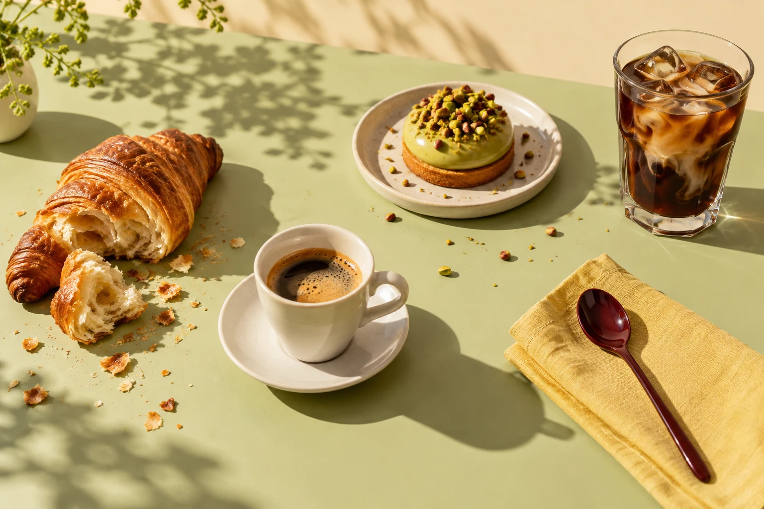 Café, croissant et pâtisserie à la pistache sous le soleil, image de création