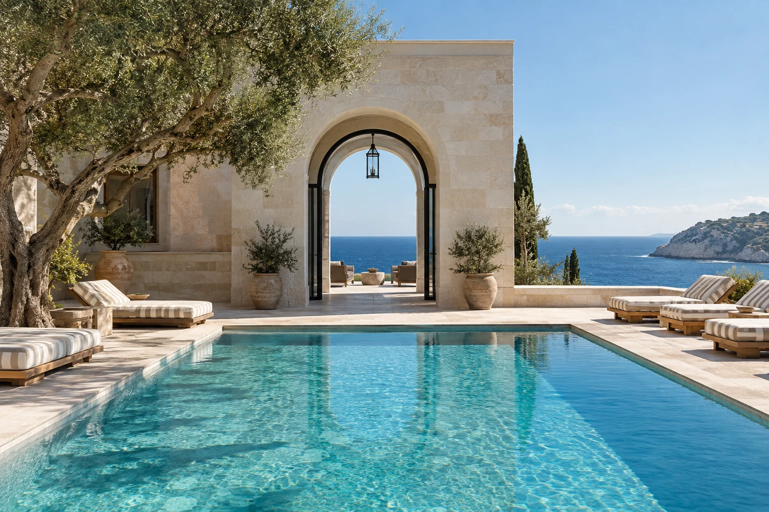 Piscine et maison de pierre ouvertes sur la mer