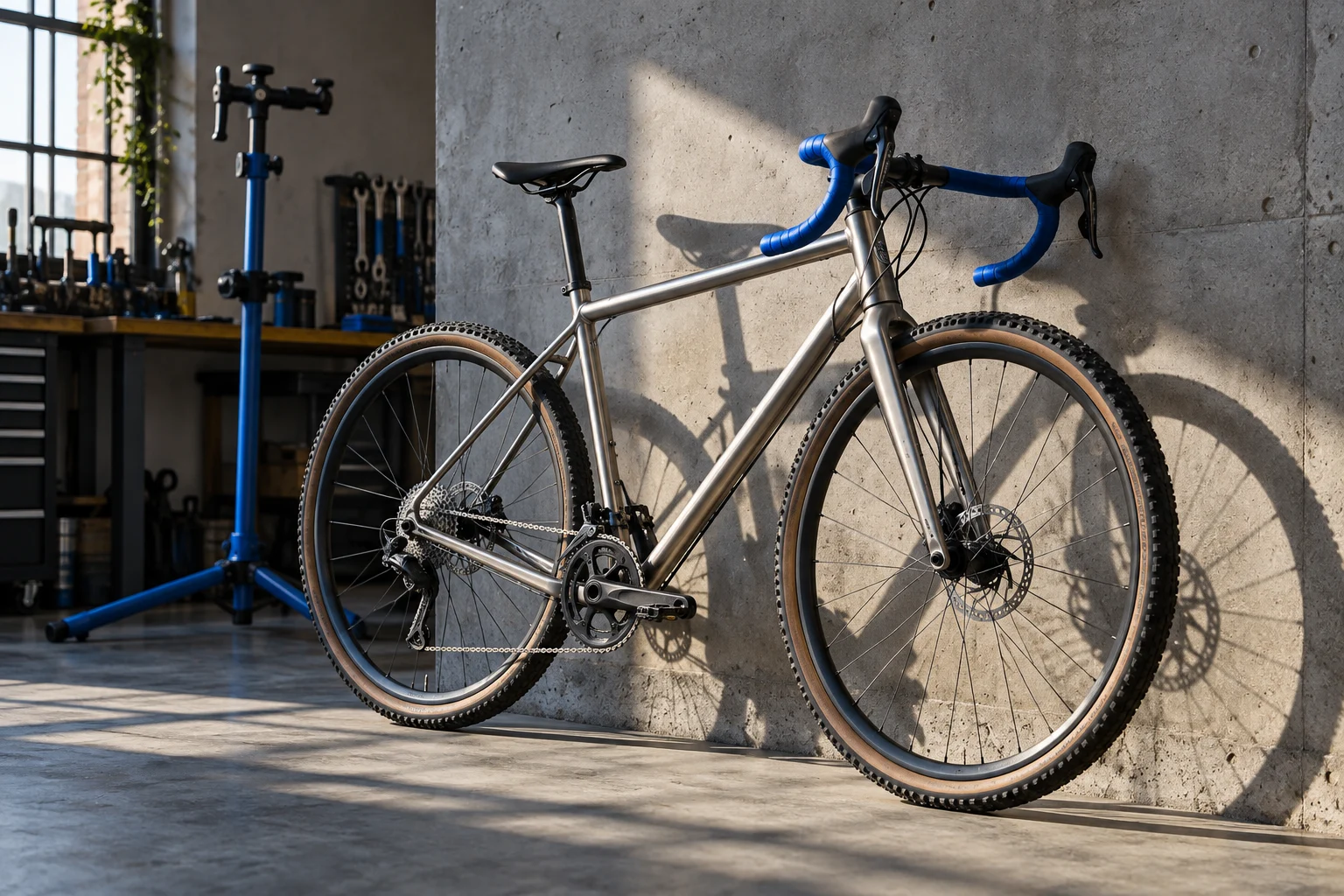 Vélo argenté et guidoline bleue dans un atelier