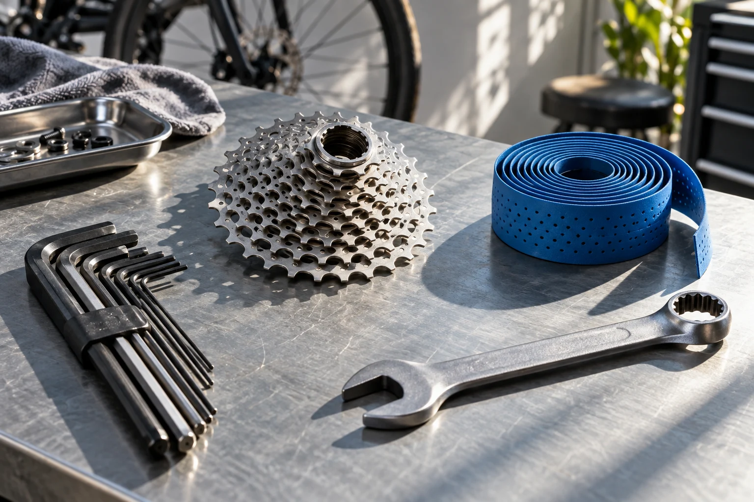 Cassette de vélo, outils et guidoline bleue sur un établi