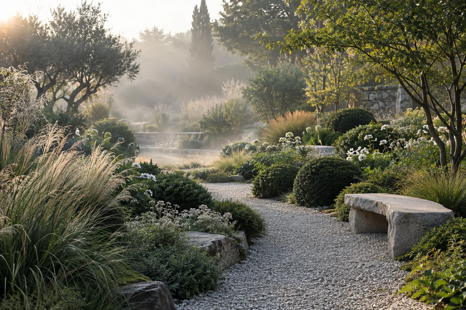 Jardin de graminées et chemin clair dans la lumière du matin
