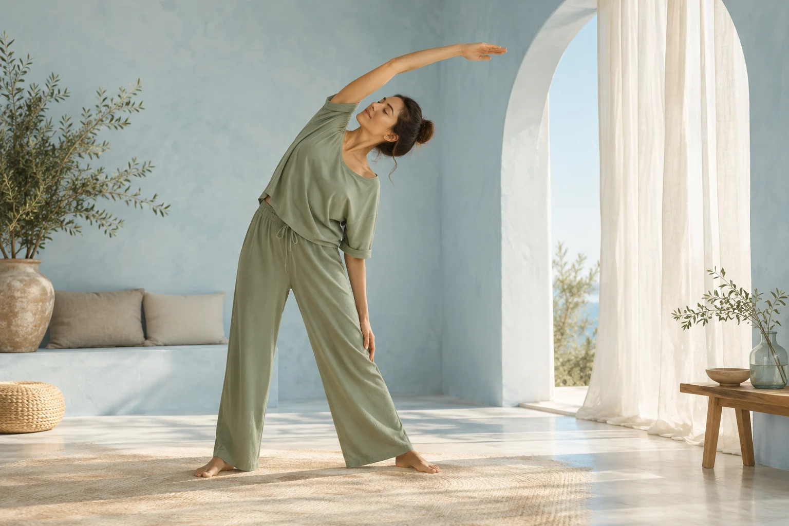 Pratique du yoga dans un studio clair aux tons sauge