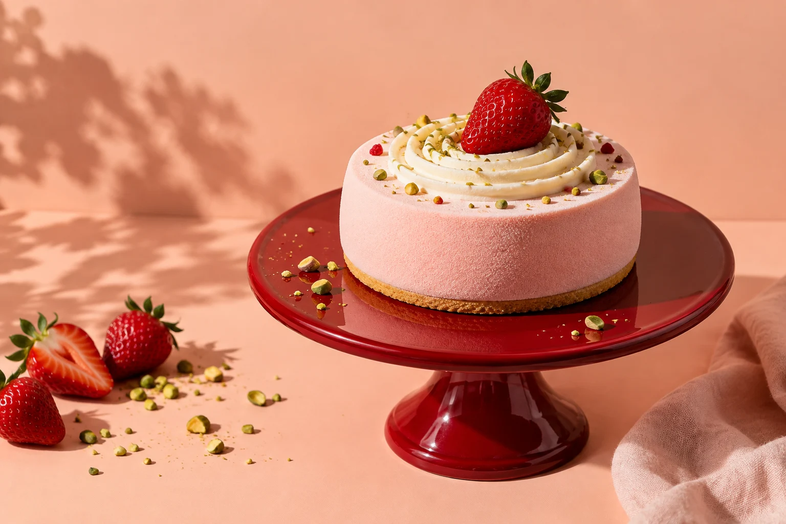 Pâtisserie à la fraise sur un présentoir rouge