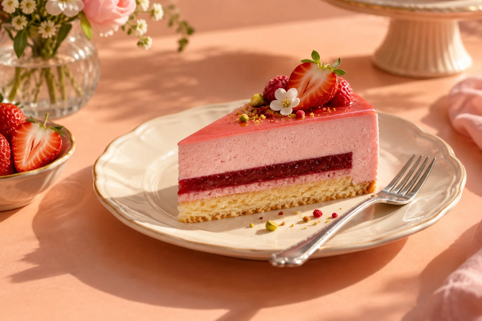Part de gâteau à la fraise, mousse rose et fruits frais